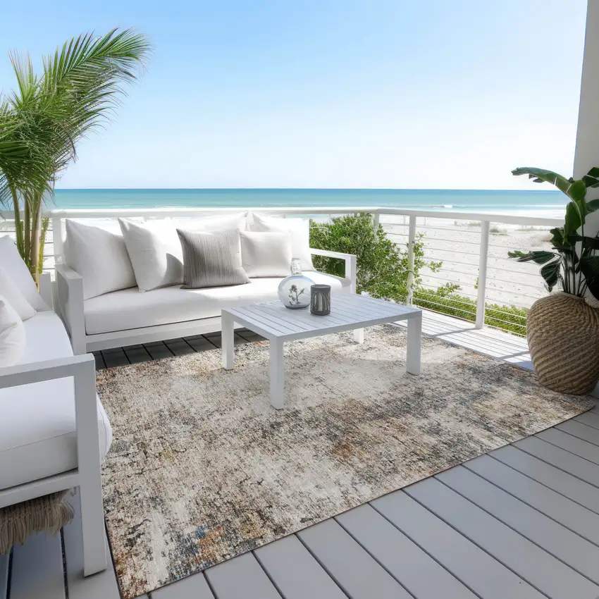 Ivory Blue And Copper Abstract Washable Indoor Outdoor Area Rug Photo 8