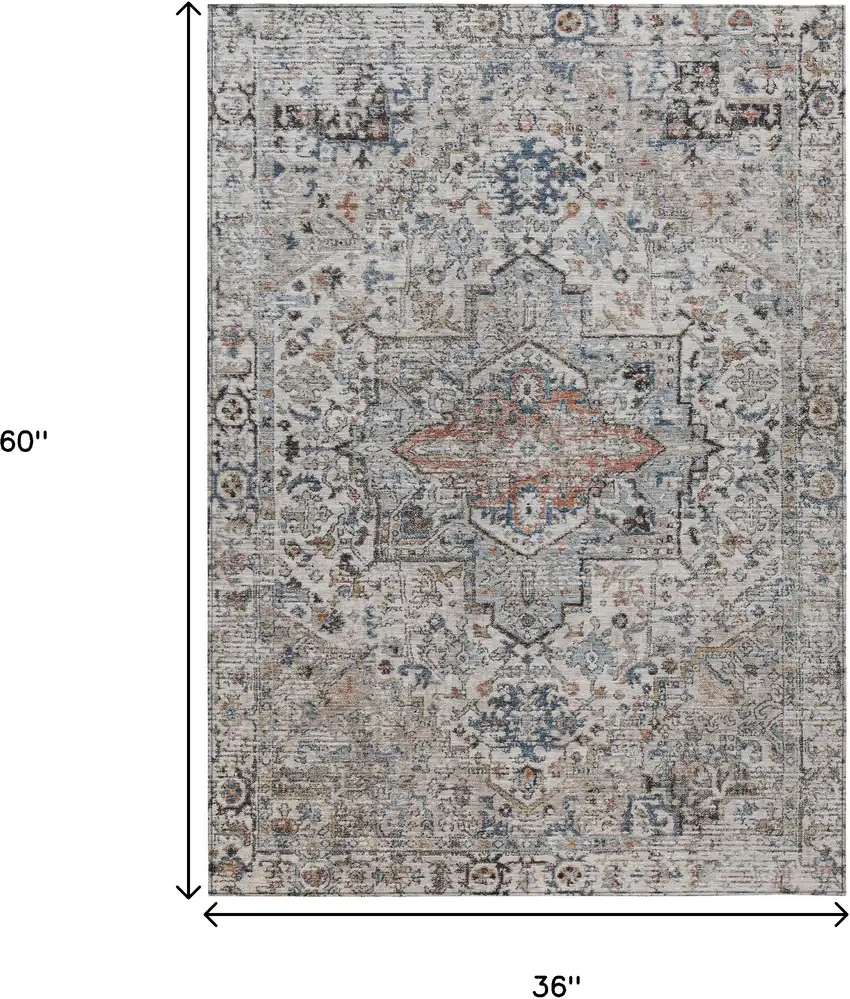 Ivory Blue And Copper Floral Medallion Washable Indoor Outdoor Area Rug Photo 9