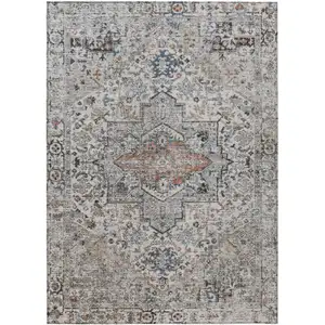 Photo of Ivory Blue And Copper Floral Medallion Washable Indoor Outdoor Area Rug