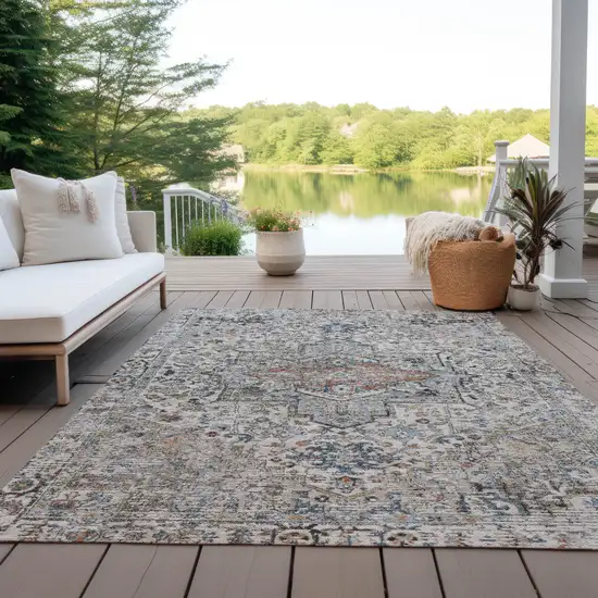 Ivory Blue And Copper Floral Medallion Washable Indoor Outdoor Area Rug Photo 5
