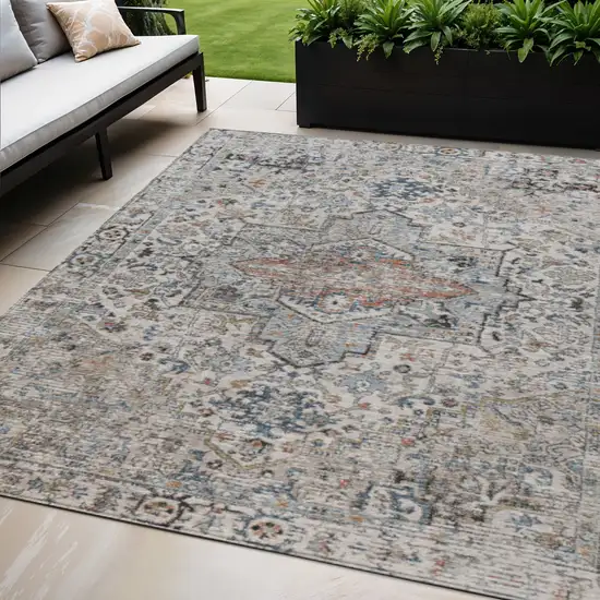 Ivory Blue And Copper Floral Medallion Washable Indoor Outdoor Area Rug Photo 2