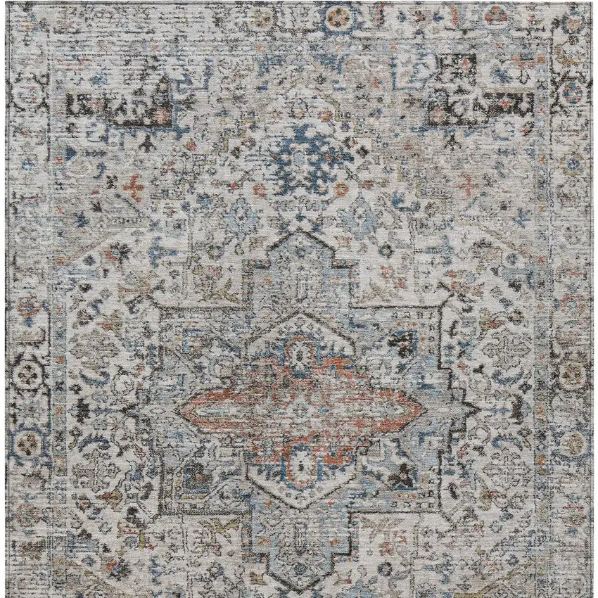 Ivory Blue And Copper Floral Medallion Washable Indoor Outdoor Area Rug Photo 9