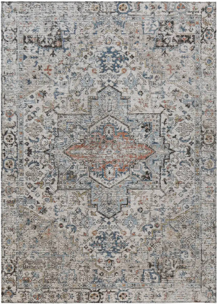 Ivory Blue And Copper Floral Medallion Washable Indoor Outdoor Area Rug Photo 1