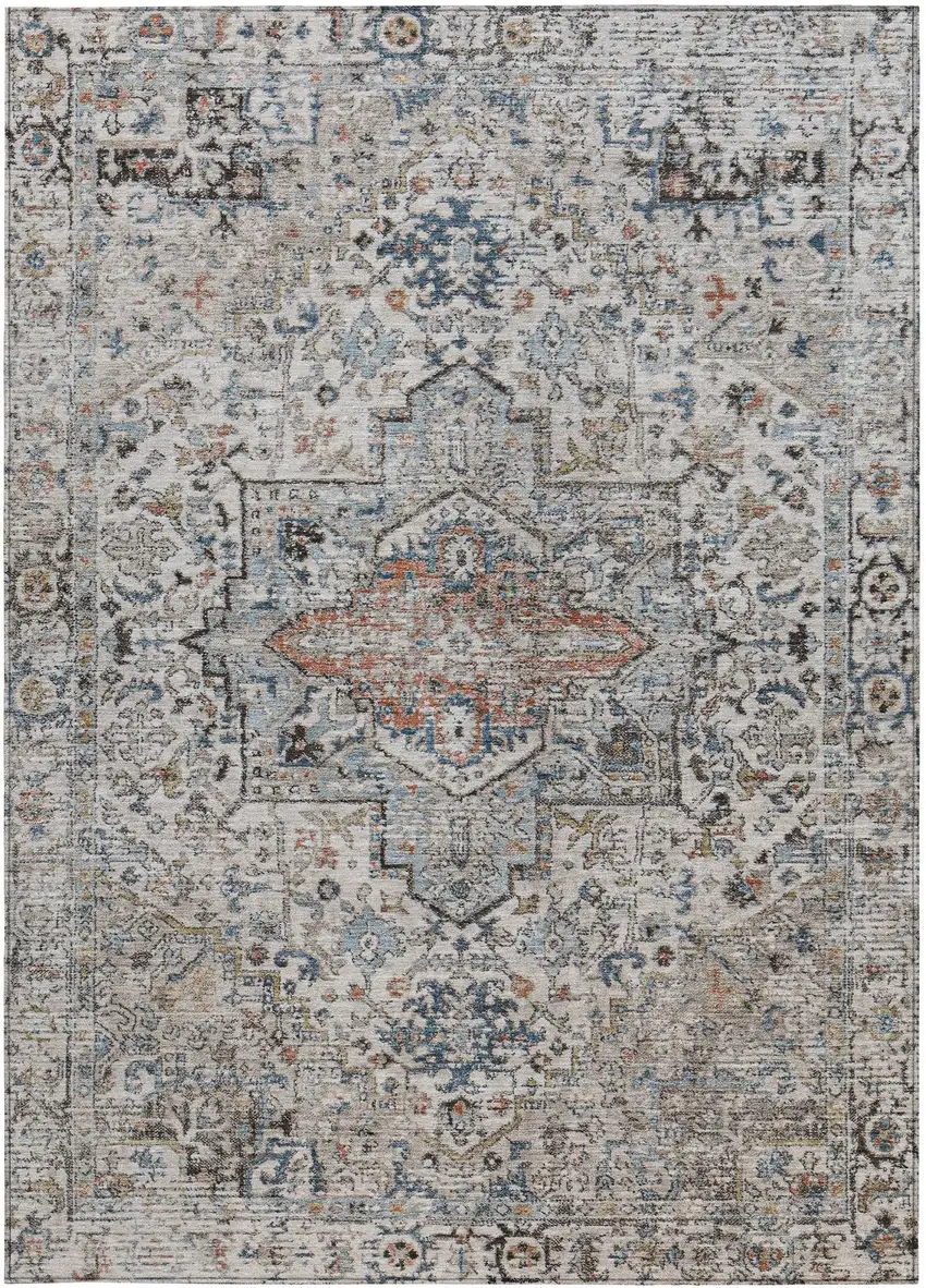 Ivory Blue And Copper Floral Medallion Washable Indoor Outdoor Area Rug Photo 4