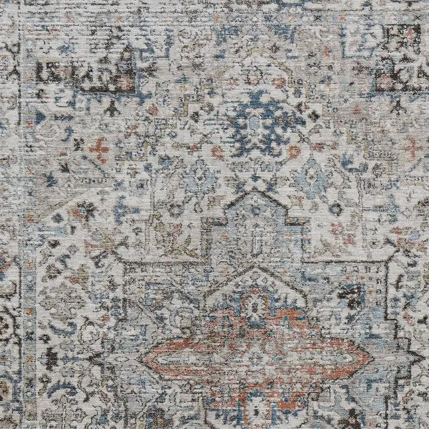 Ivory Blue And Copper Floral Medallion Washable Indoor Outdoor Area Rug Photo 3