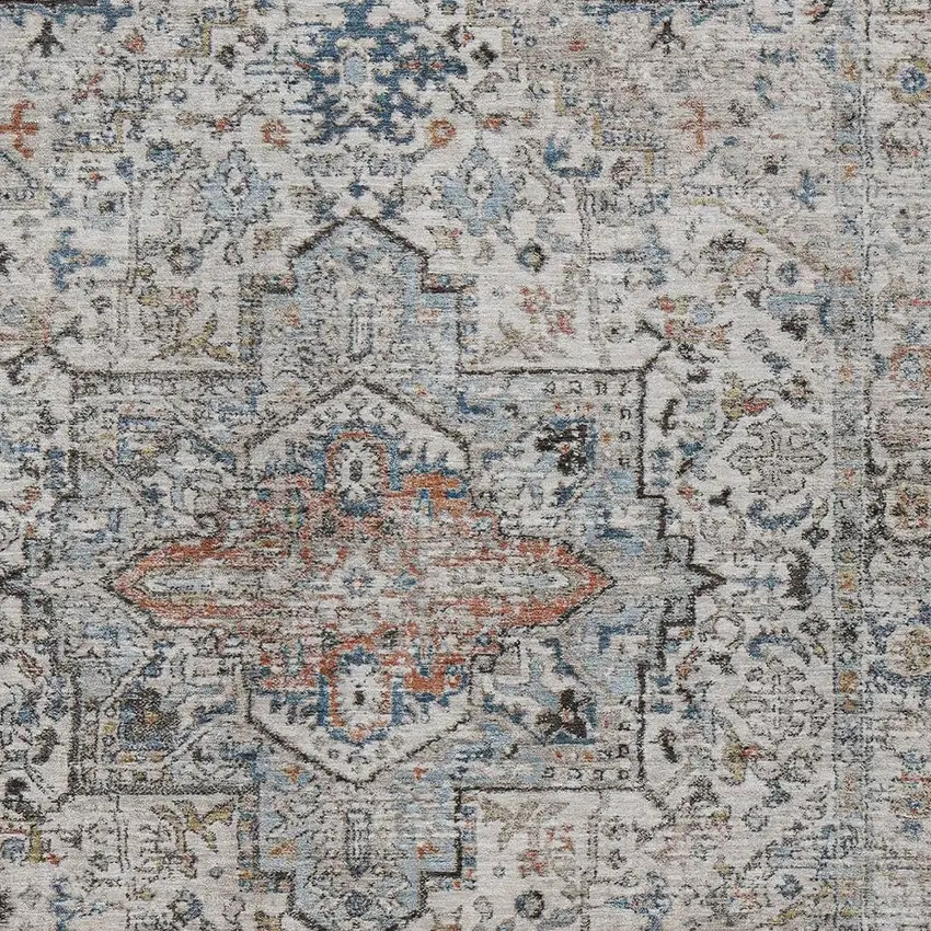 Ivory Blue And Copper Floral Medallion Washable Indoor Outdoor Area Rug Photo 8