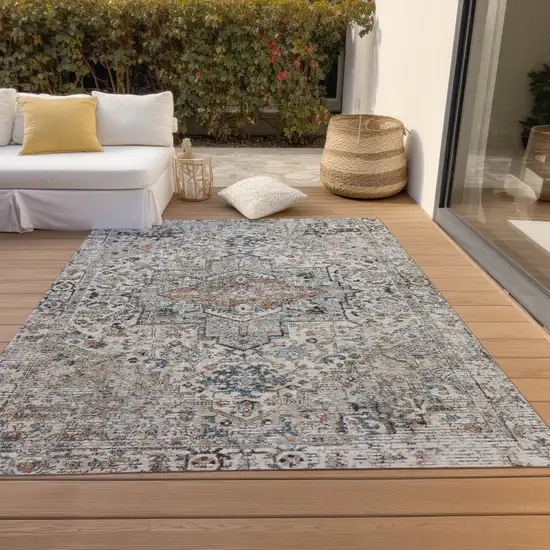 Ivory Blue And Copper Floral Medallion Washable Indoor Outdoor Area Rug Photo 8