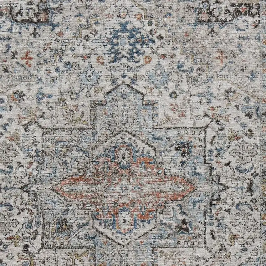 Ivory Blue And Copper Floral Medallion Washable Indoor Outdoor Area Rug Photo 3