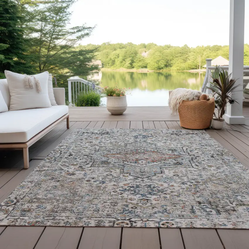 Ivory Blue And Copper Floral Medallion Washable Indoor Outdoor Area Rug Photo 5