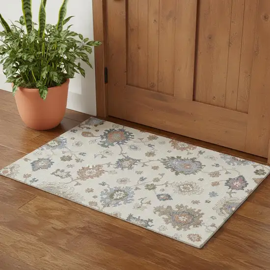 Ivory Blue And Coral Floral Washable Area Rug With UV Protection Photo 1