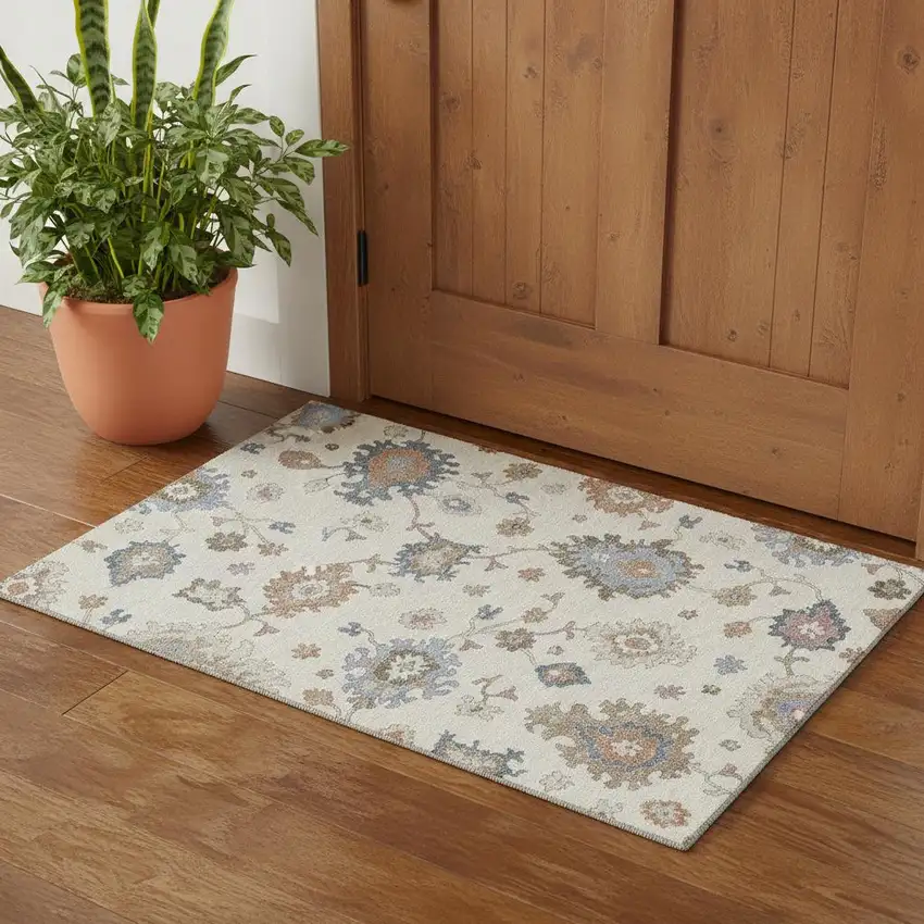 Ivory Blue And Coral Floral Washable Area Rug With UV Protection Photo 1