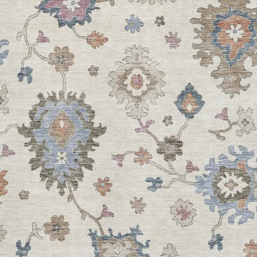 Ivory Blue And Coral Floral Washable Area Rug With UV Protection Photo 4
