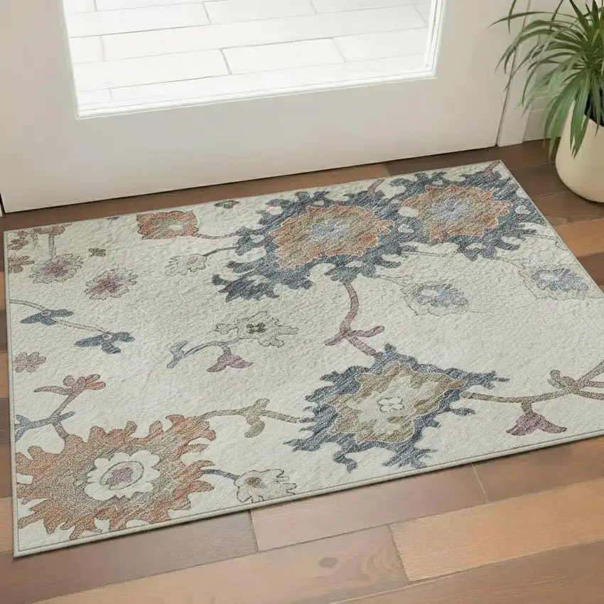 Ivory Blue And Coral Floral Washable Area Rug With UV Protection Photo 2