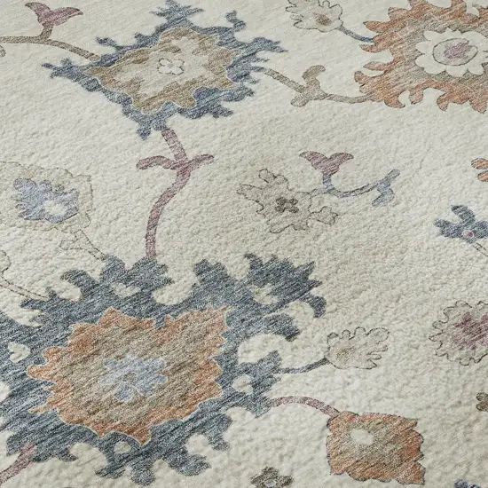 Ivory Blue And Coral Floral Washable Area Rug With UV Protection Photo 1