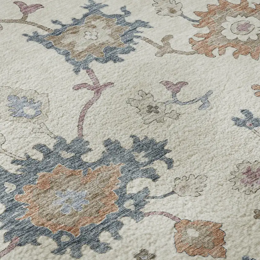 Ivory Blue And Coral Floral Washable Area Rug With UV Protection Photo 1