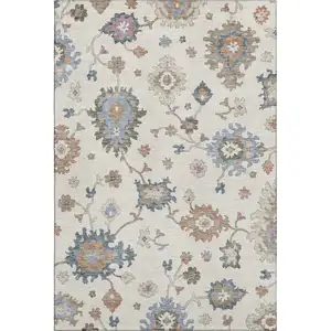 Photo of Ivory Blue And Coral Floral Washable Area Rug With UV Protection