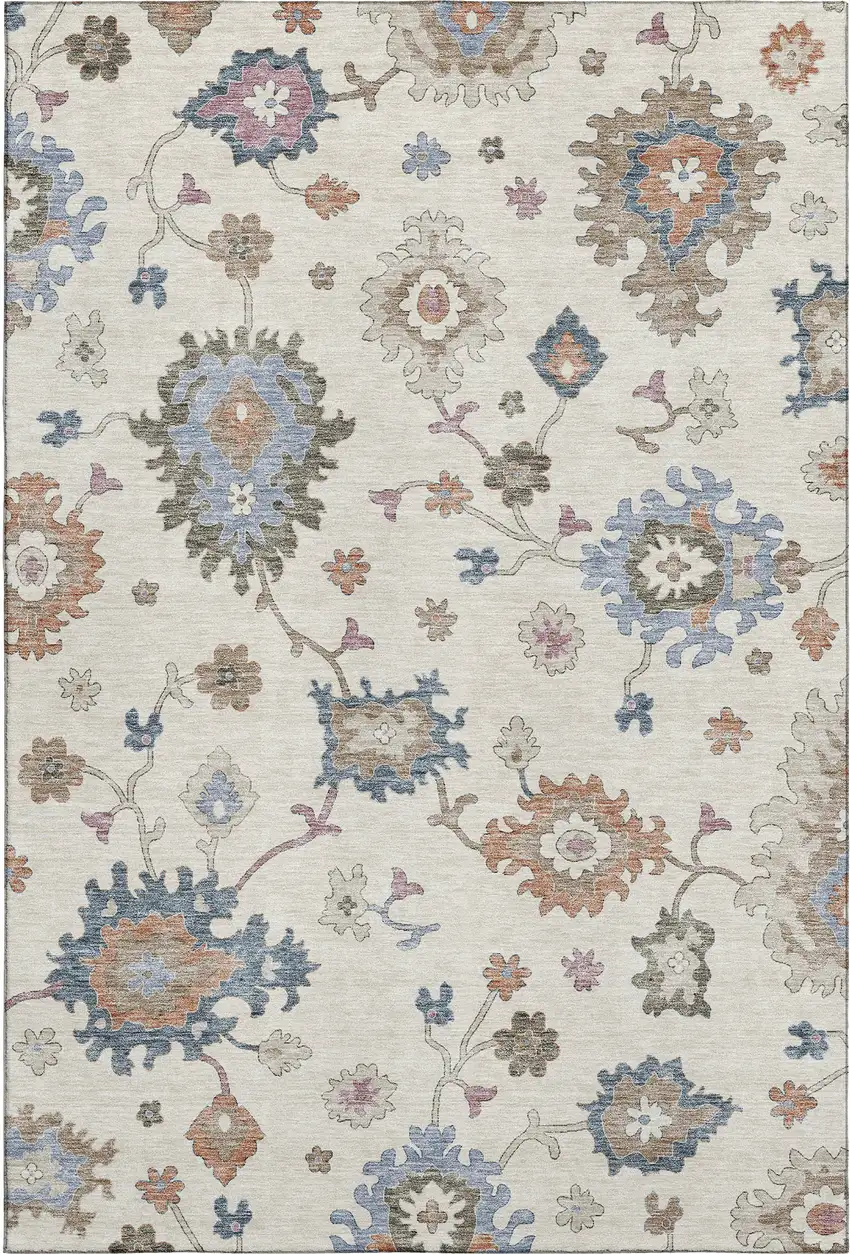 Ivory Blue And Coral Floral Washable Area Rug With UV Protection Photo 5