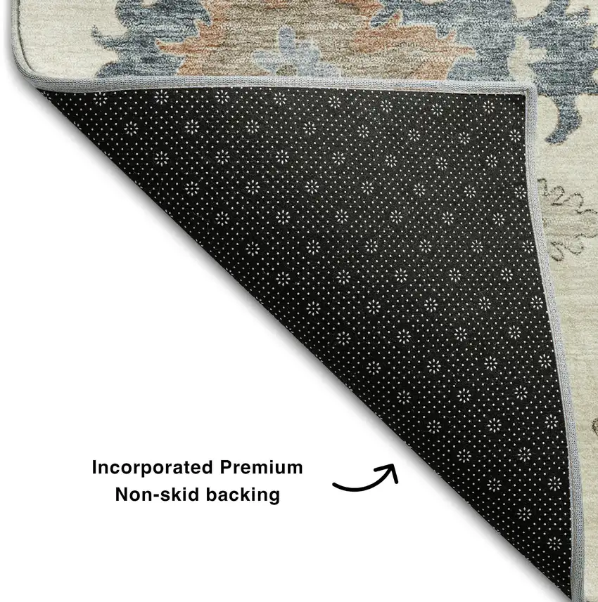 Ivory Blue And Coral Floral Washable Area Rug With UV Protection Photo 6