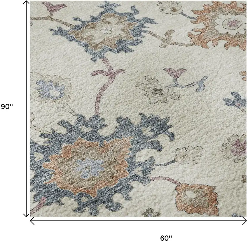 Ivory Blue And Coral Floral Washable Area Rug With UV Protection Photo 9