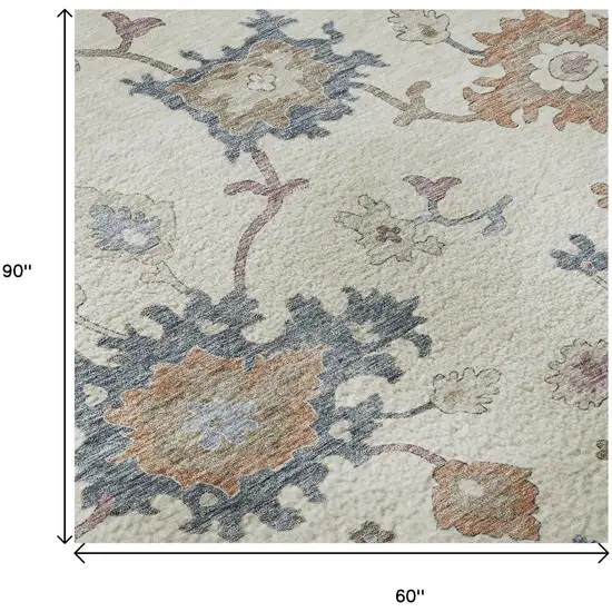 Ivory Blue And Coral Floral Washable Area Rug With UV Protection Photo 9