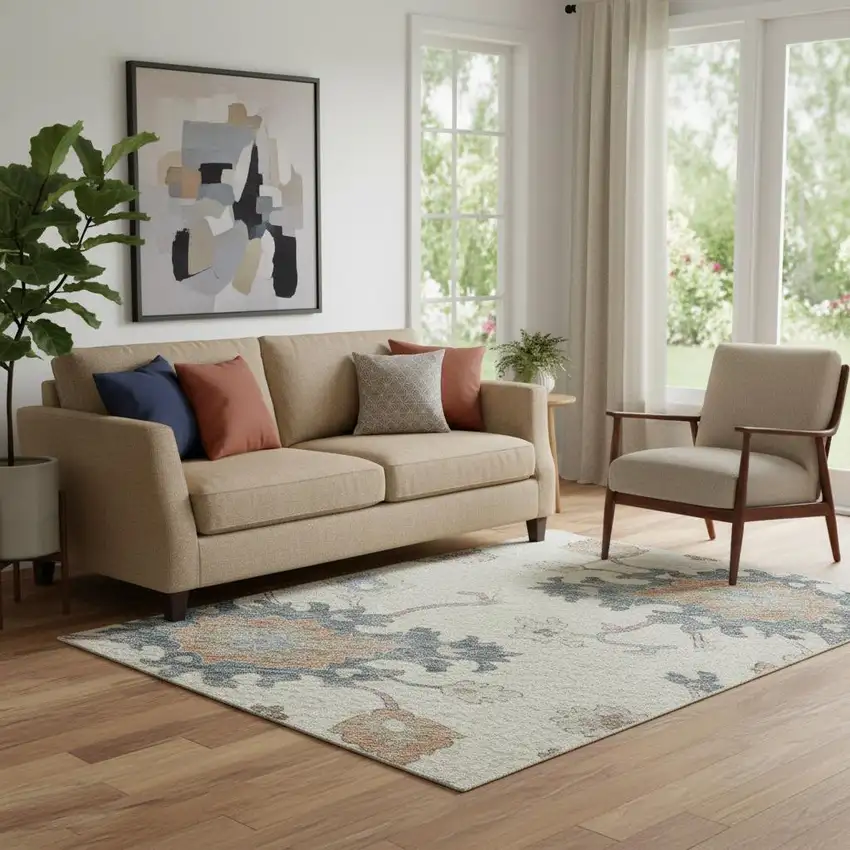 Ivory Blue And Coral Floral Washable Area Rug With UV Protection Photo 2