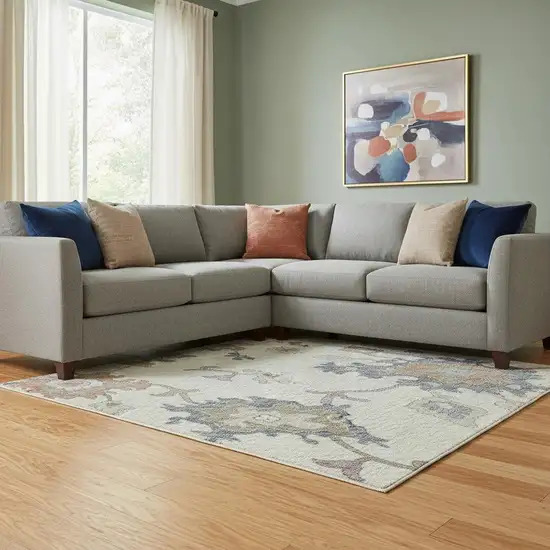 Ivory Blue And Coral Floral Washable Area Rug With UV Protection Photo 2