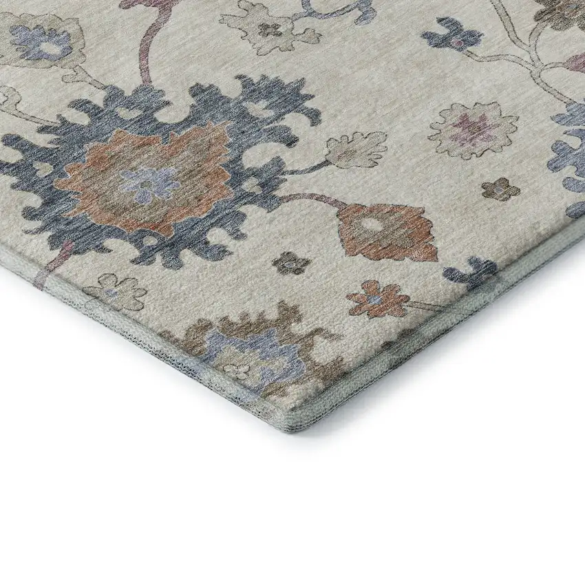 Ivory Blue And Coral Floral Washable Area Rug With UV Protection Photo 7