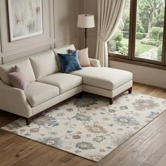 Ivory Blue And Coral Floral Washable Area Rug With UV Protection Photo 1