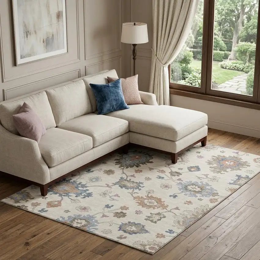 Ivory Blue And Coral Floral Washable Area Rug With UV Protection Photo 1