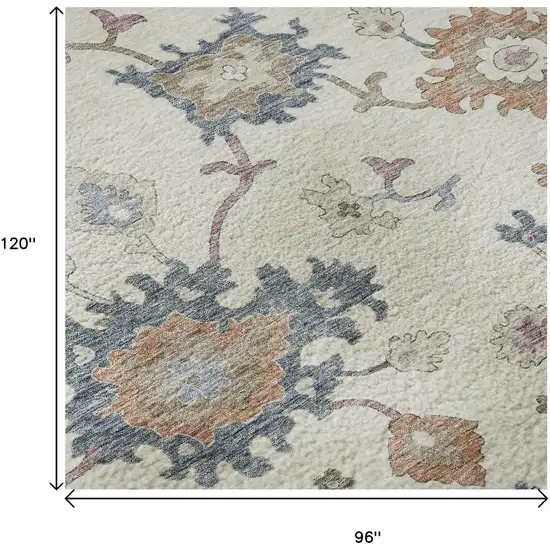 Ivory Blue And Coral Floral Washable Area Rug With UV Protection Photo 9