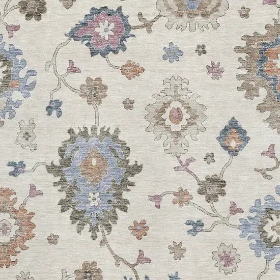 Ivory Blue And Coral Floral Washable Area Rug With UV Protection Photo 3