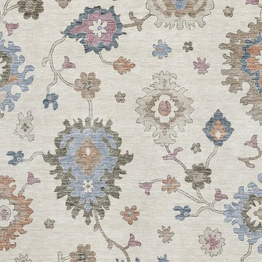 Ivory Blue And Coral Floral Washable Area Rug With UV Protection Photo 3