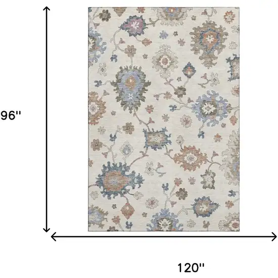 Ivory Blue And Coral Floral Washable Area Rug With UV Protection Photo 6