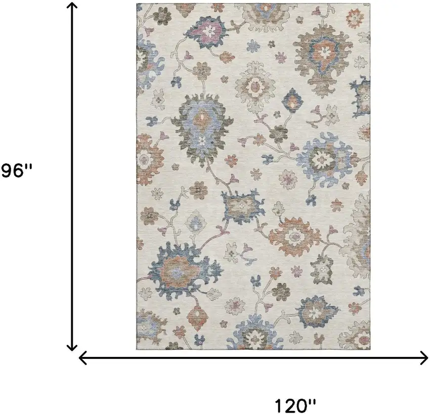 Ivory Blue And Coral Floral Washable Area Rug With UV Protection Photo 6