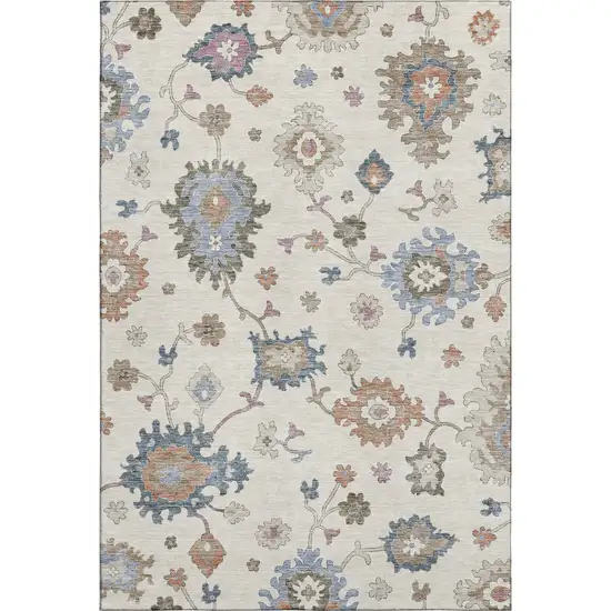 Ivory Blue And Coral Floral Washable Area Rug With UV Protection Photo 6