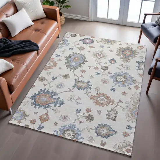 Ivory Blue And Coral Floral Washable Area Rug With UV Protection Photo 5