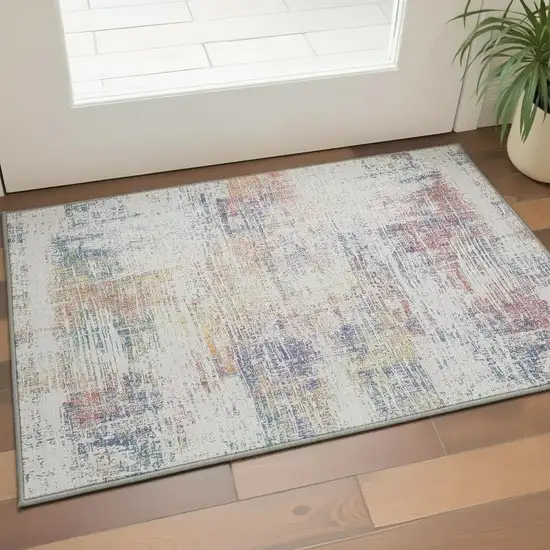 Ivory Blue And Gold Abstract Washable Area Rug With UV Protection Photo 2