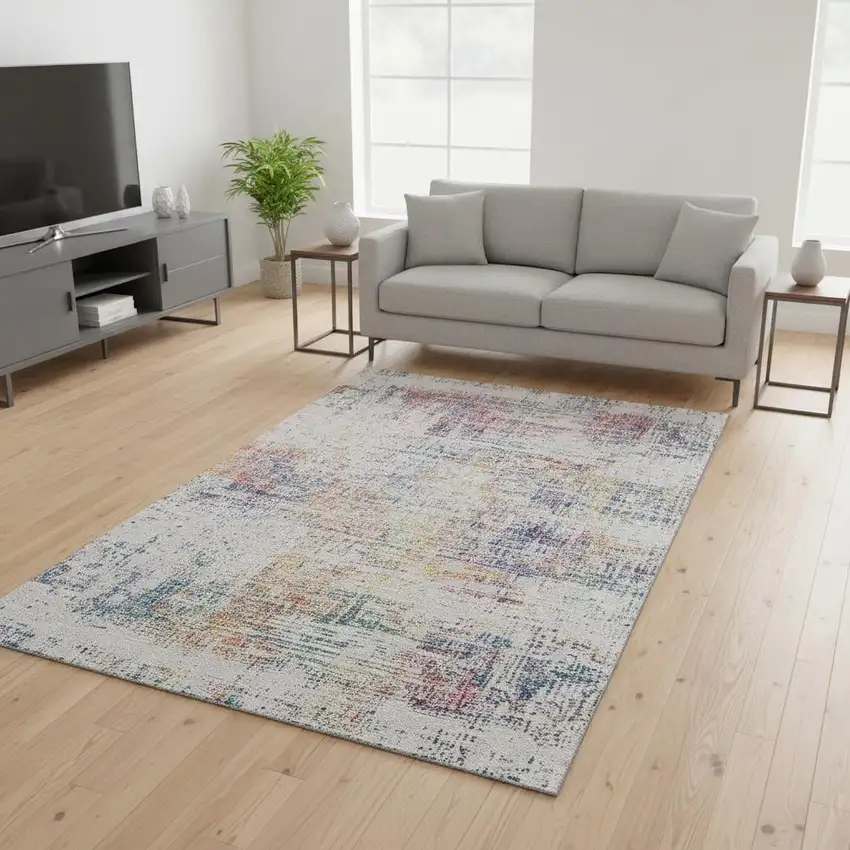 Ivory Blue And Gold Abstract Washable Area Rug With UV Protection Photo 2