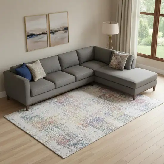 Ivory Blue And Gold Abstract Washable Area Rug With UV Protection Photo 1