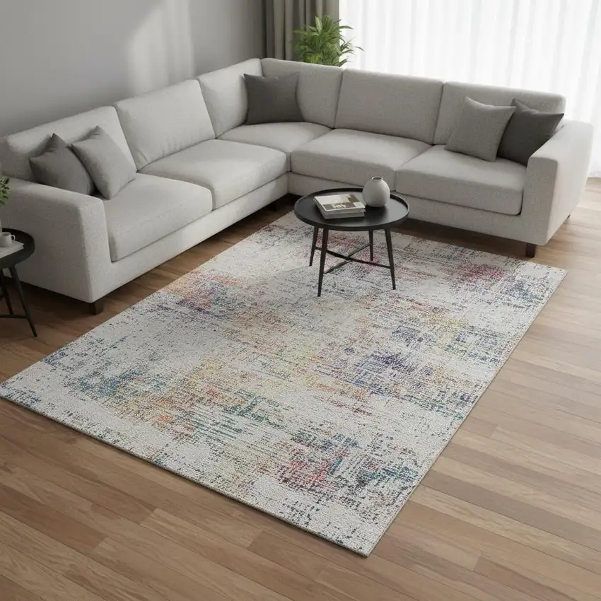 Ivory Blue And Gold Abstract Washable Area Rug With UV Protection Photo 2