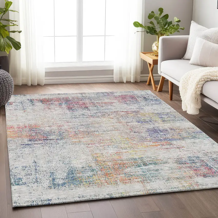 Ivory Blue And Gold Abstract Washable Area Rug With UV Protection Photo 6