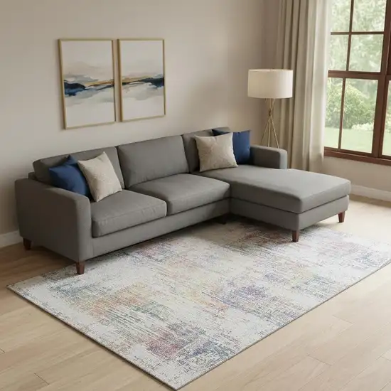 Ivory Blue And Gold Abstract Washable Area Rug With UV Protection Photo 1