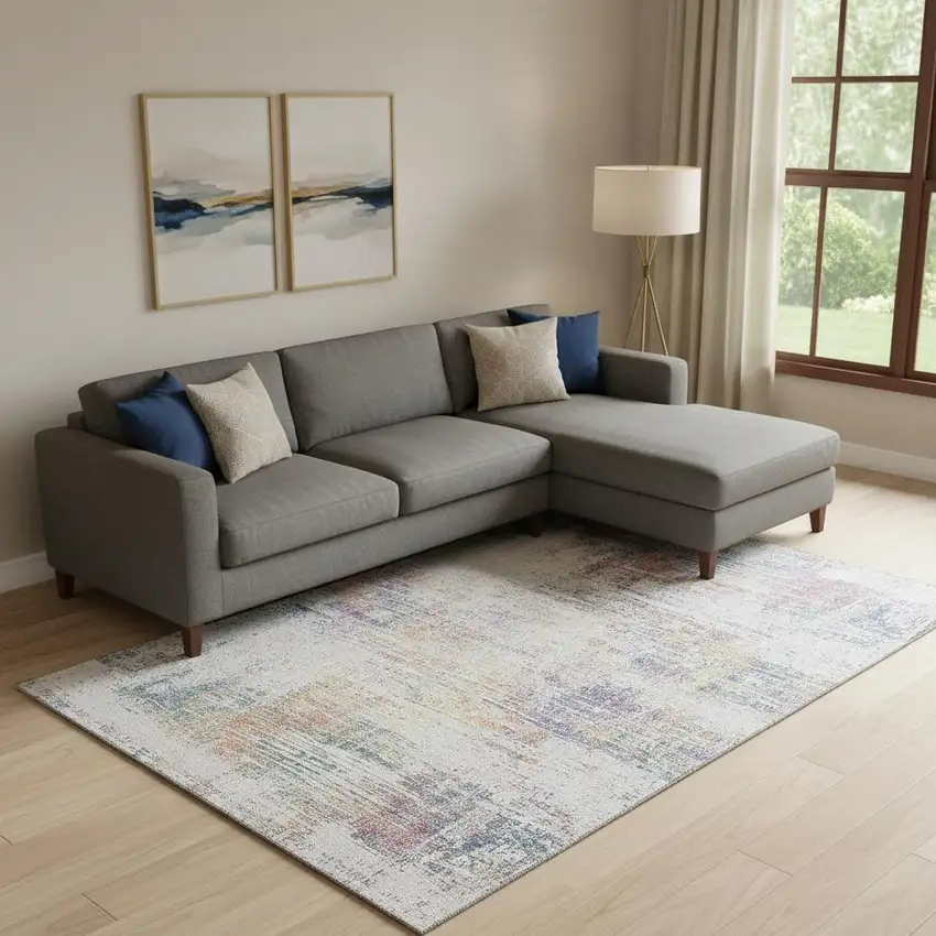 Ivory Blue And Gold Abstract Washable Area Rug With UV Protection Photo 1