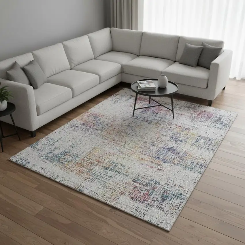 Ivory Blue And Gold Abstract Washable Area Rug With UV Protection Photo 2