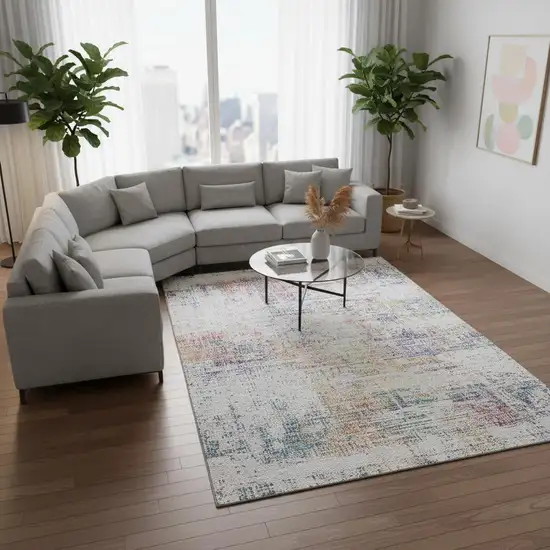 Ivory Blue And Gold Abstract Washable Area Rug With UV Protection Photo 2