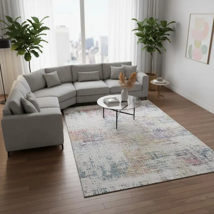 Ivory Blue And Gold Abstract Washable Area Rug With UV Protection Photo 2