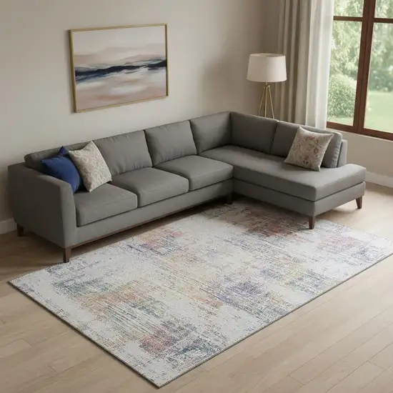 Ivory Blue And Gold Abstract Washable Area Rug With UV Protection Photo 1