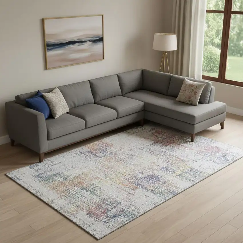 Ivory Blue And Gold Abstract Washable Area Rug With UV Protection Photo 1