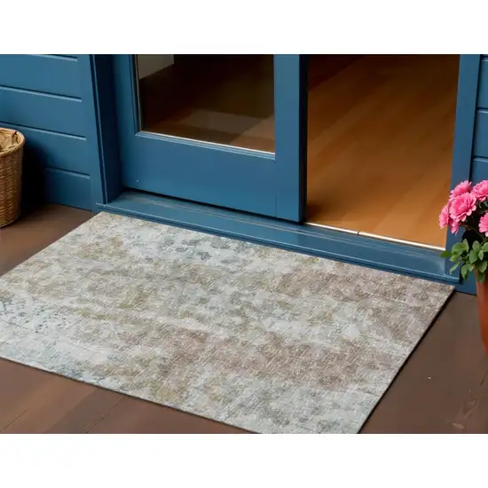 Ivory Blue And Gold Abstract Washable Indoor Outdoor Area Rug Photo 2