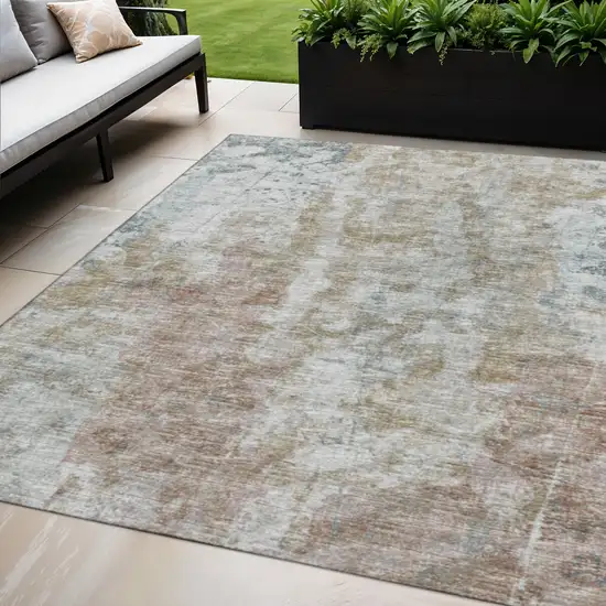 Ivory Blue And Gold Abstract Washable Indoor Outdoor Area Rug Photo 2